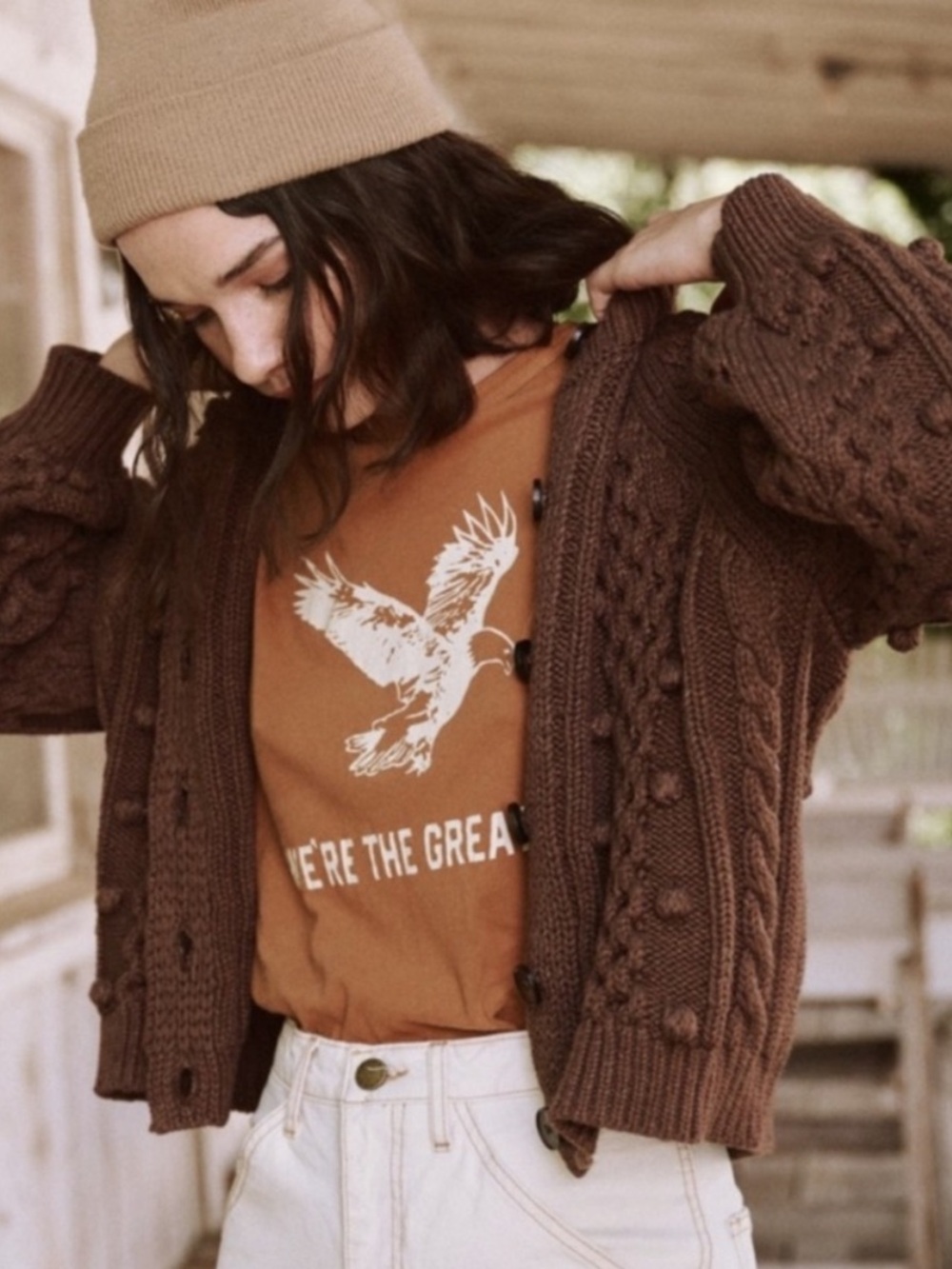 The GREAT Mountainside Cardigan Brown Cable Knit Bobble Sweater Sz 1 S - Picture 2 of 13